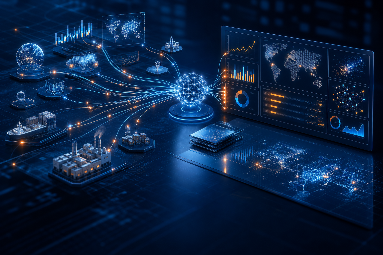 Connected market and enterprise signals flowing into decision intelligence dashboards.