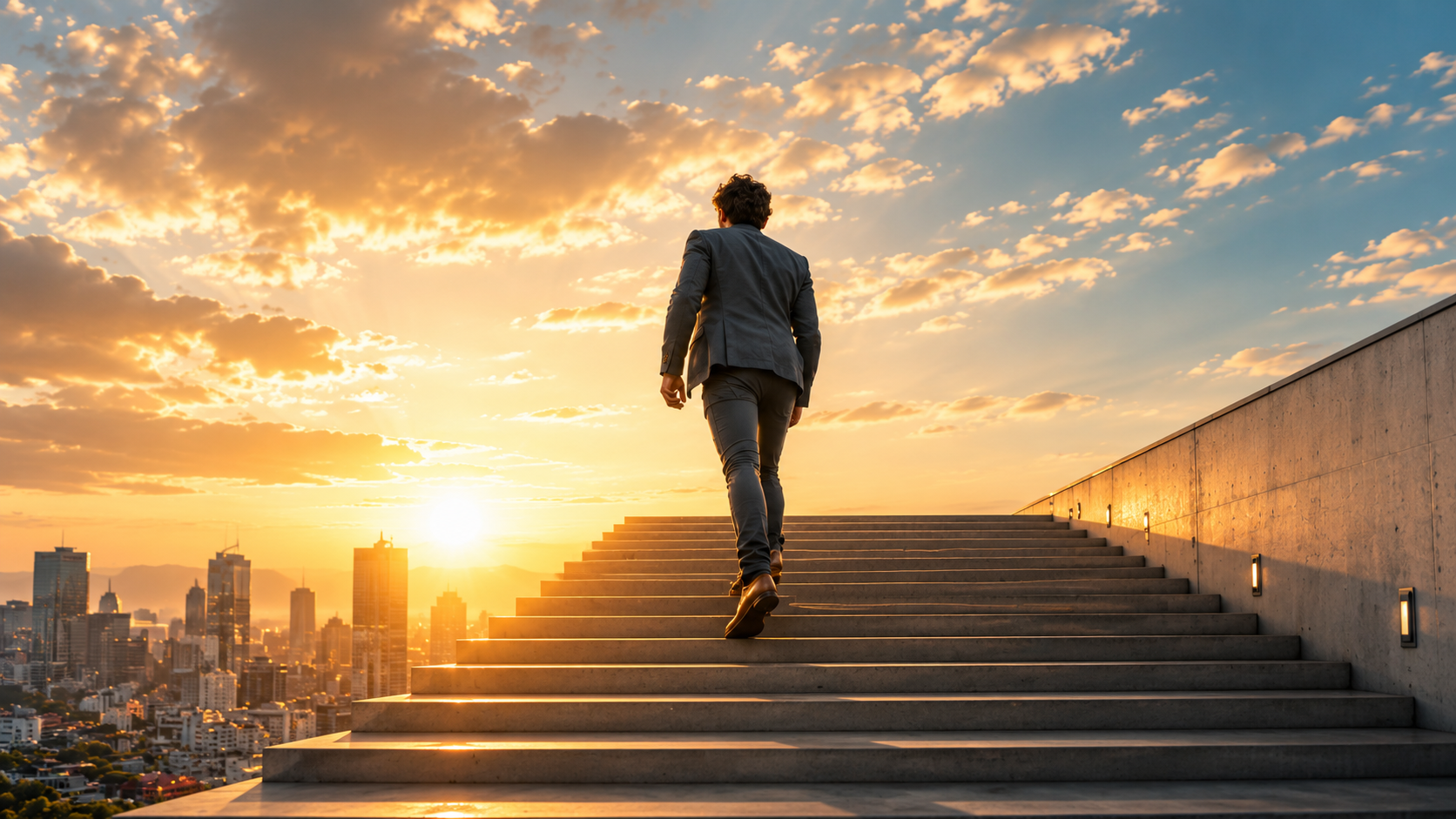 Executive leader walking upward toward a bright horizon